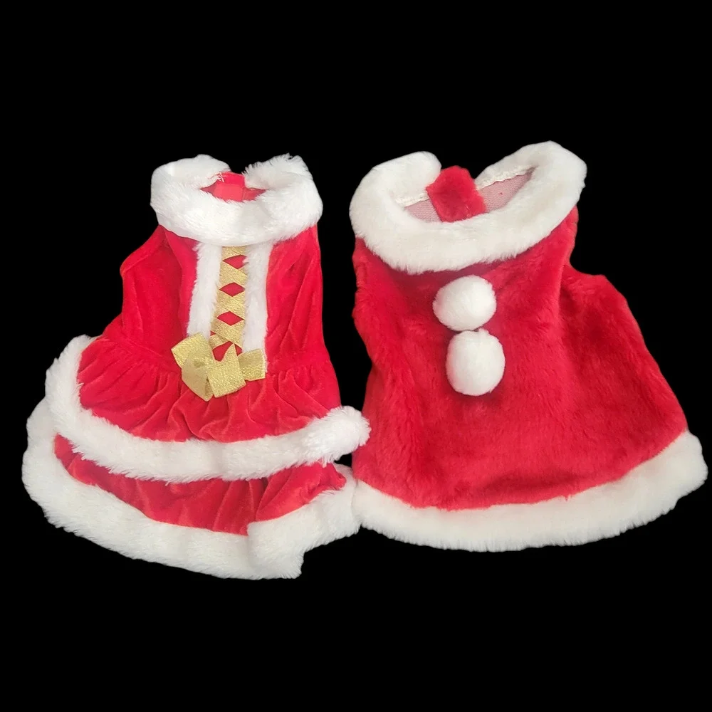 2‎ Santa Christmas Dog Coat Dress Red White Winter Velvet Faux Fur Size Small